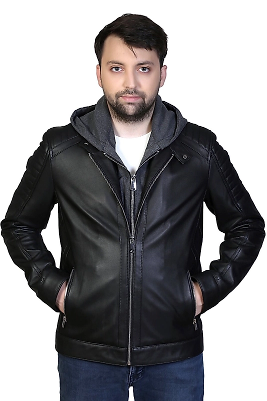 Danny Hakiki Deri Erkek Siyah Kapüşonlu Ceket-Mont