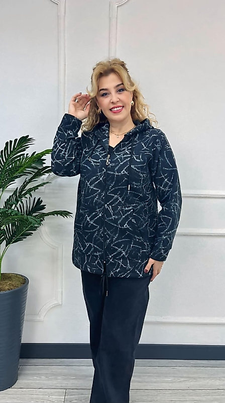 Büyük Beden Ceket Kapşonlu Lacivert/Mavi