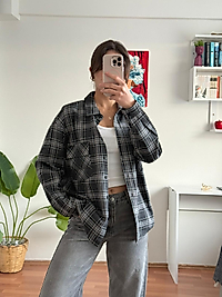 Cep detay ekose gömlek siyah/gri