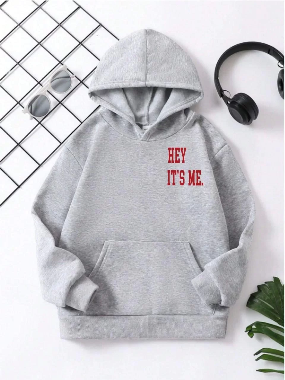 Çocuk Unisex Kapüşonlu Hey It's Me Baskılı Pamuklu Sweatshirt - Gri