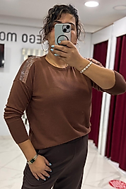 Omuz Taş Detaylı Kahve Triko