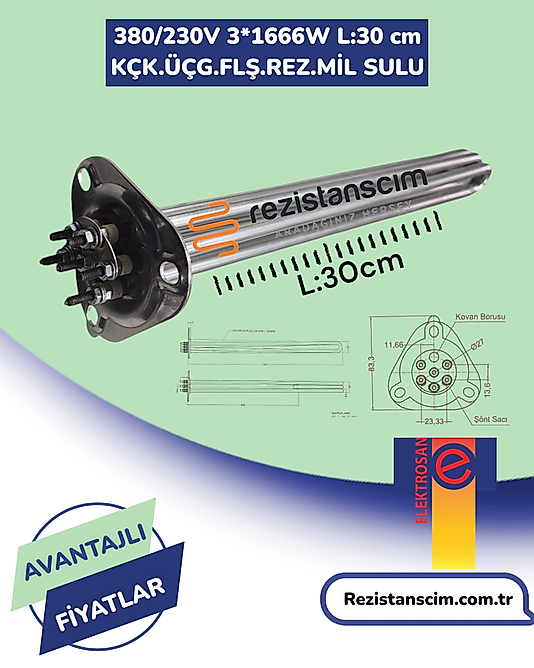 5 kw Ücgen Flans K.ücgen 30 cm Trifaze Bulaşık Makinesi Boiler Rezistans (ELEKTROSAN MARKA)