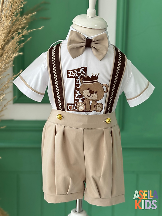 Erkek Çocuk Bej/Kahverengi Ayıcık 1 Nakışlı Salopet Takım
