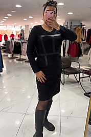 Büyük Beden Uyumlu Siyah Deri Şerit Detaylı Elbise