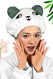 Panda Desenli Haki Kadın Bone Havlu