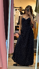 Puantiyeli Lacivert Maxi elbise
