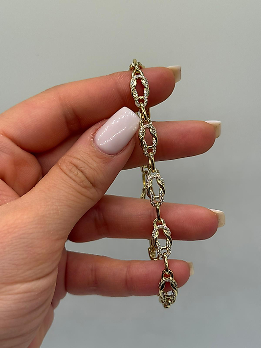 Zirkon Taşlı Oval Halkalı VIP Çelik Bileklik – 14K Altın Renk