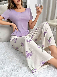 Kadın Mor Çiçek Desenli Yumuşak Pamuklu Uzun Pijama Takımı 5133