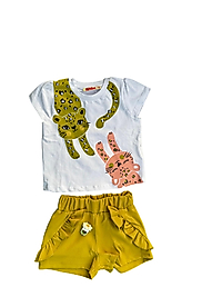 Denokids Twin Leos Beyaz Tshirt ve Fıstık Yeşili  Şortlu Takım
