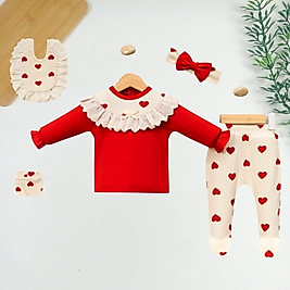 Dantel Detaylı Kalpli 5 Parça Yenidoğan Seti