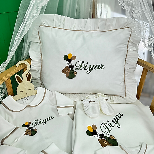 Yenidoğan Set - Bebeğinizin İsmi ve Balonlu Ayıcık Nakışlı