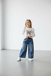 Kız çocuk Kelebek Tasarımlı kot pantolon Uzun kollu Sweatshirt  Kombin (4-12 yaş)