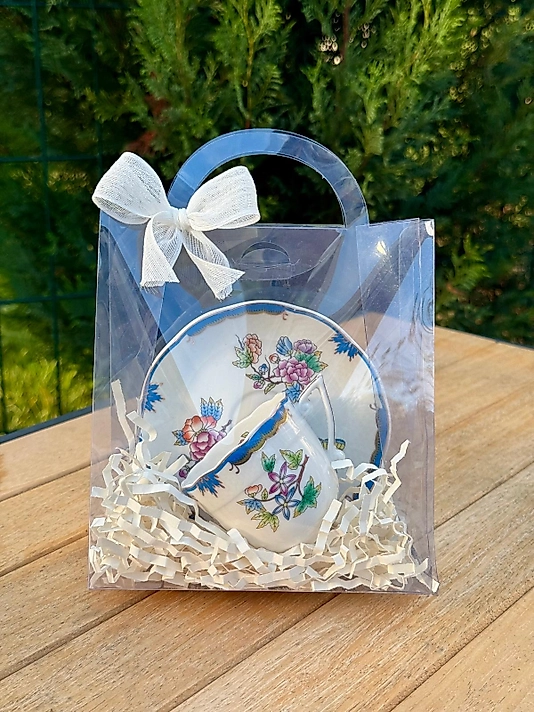 Hediyelik Çantasında Mavi Vintage Model Porselen Kahve Fincanı