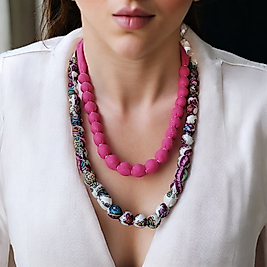 Pembe ve Şal Desenli İkili Kombin İmza Kolye