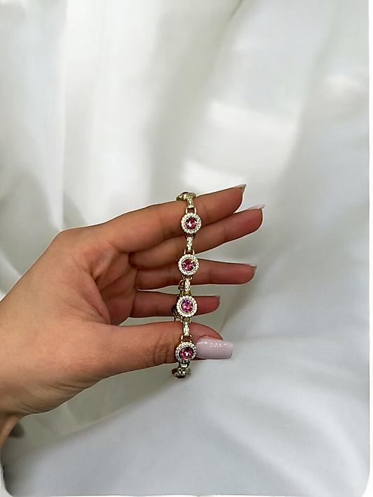 XUPING VIP Çelik Pembe Taşlı Yuvarlak Bileklik – 14K Altın Renk