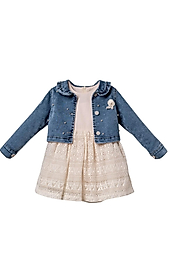Kız Çocuk Kot Ceketli Dantel Elbise Takım (2-5 Yaş)