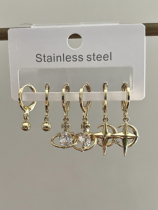 Çelik 6’lı Gold Taşlı Küpe