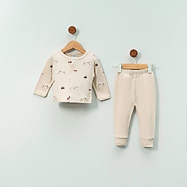 Erkek Bebek 0-12 Ay Çiftlik Desen Pijama Takımı Krem