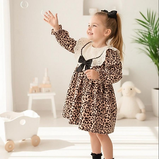 Leopar Yakası Dantel Uzun Kollu Kız Çocuk Elbisesi