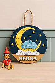 Ay Üstünde Uykucu Fil Ahşap Bebek Kapı Süsü