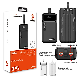 MT4350 50.000 MAH DAHİLİ KABLOLU 22,5 WATT TURBO ŞARJ POWERBANK /20
