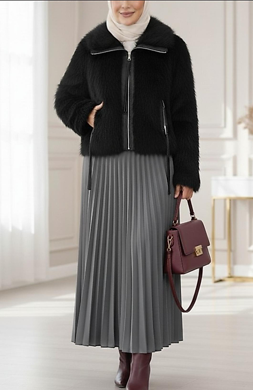 Deri Garnili İçi Astarlı Femuarli İp Detayli Kürk Mont Siyah Renk