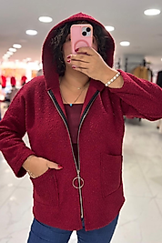 Kırmızı Buklet Kapüşonlu Mont