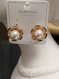14K Gold Taş inci Detay Papatya Küpe