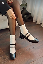 Kadın Mary Jane Rugan Siyah Arkası Kapalı Çift Bant Kare Burunlu Baretli Kısa Blok Topuklu Ayakkabı