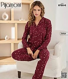 Bordo Çiçek Desenli Düğmeli Pijama Takımı 8750-6