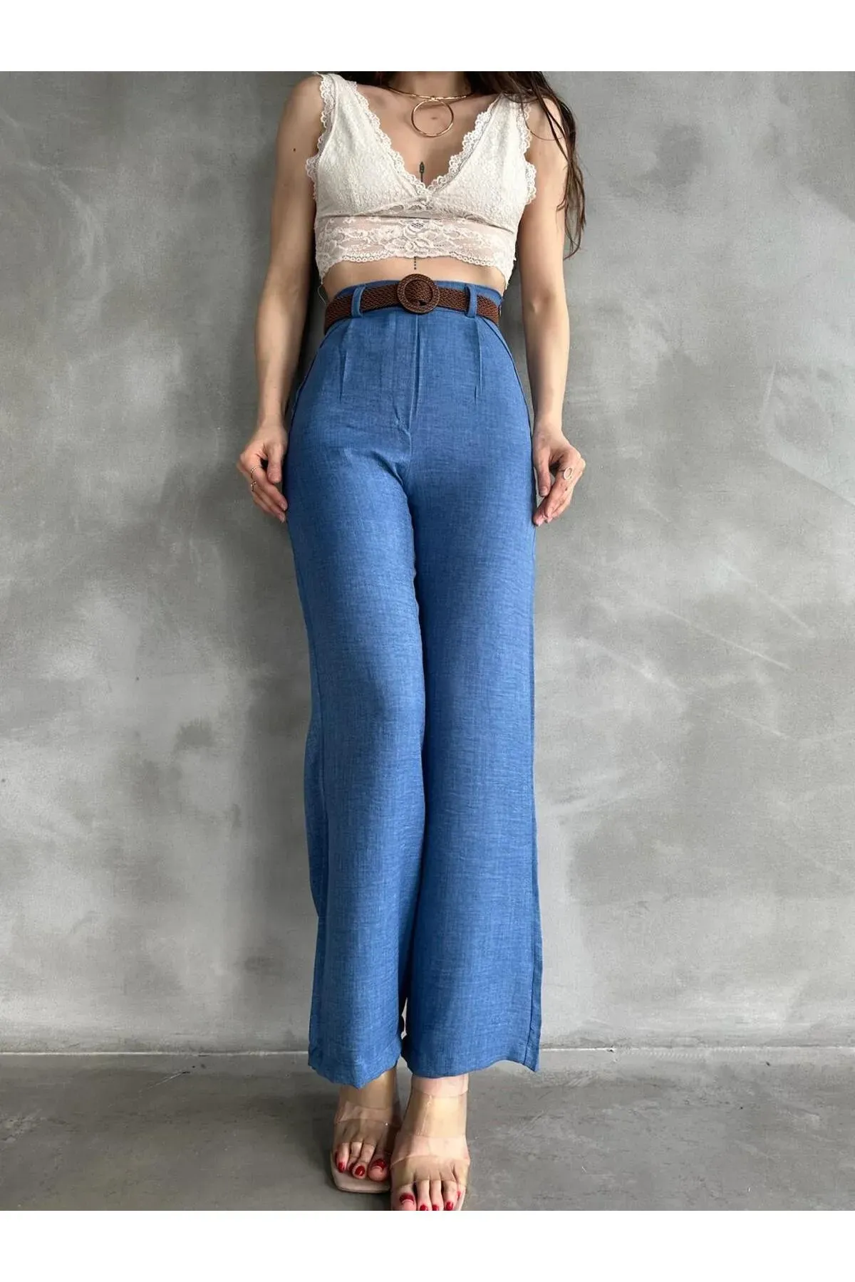 Beli Kemerli Keten Pantolon -MAVİ