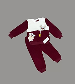 1-2-3 Yaş Sallanan Balık Nakışlı Kuzu Kumaş Sweat Pantolon Uzun Kollu Kız Erkek 2 Li Takımı Bordo