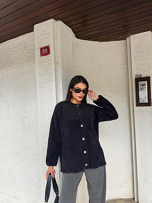 Oversize ,Yumuşak Standart Beden Siyah Hırka 2026