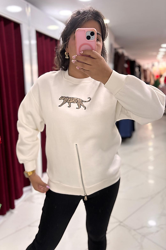 Ekru Leopar Desenli Fermuar Detaylı Sweatshirt