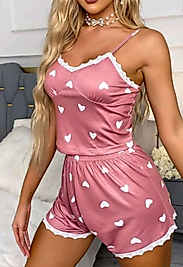 Kadın Pudra Kalp Desenli Seksi Gecelik Takım 5019
