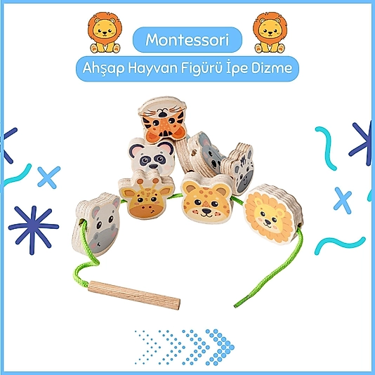 Montessori Ahşap Hayvan Figürleri İpe Dizme Oyunu