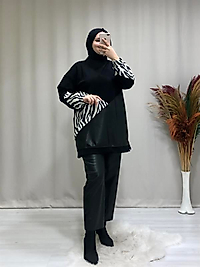 Kadın scuba zebra desenli ve deri detaylı tesettür sweat