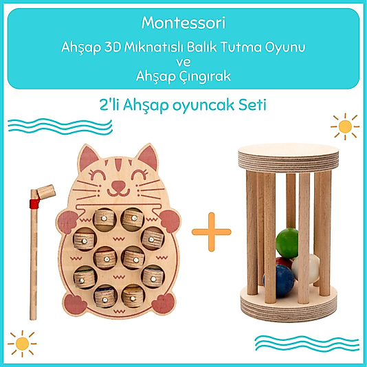 Montessori 3 Boyutlu Ahşap  Balık Tutma Oyunu + Montessori Ahşap Bebek Çıngırağı