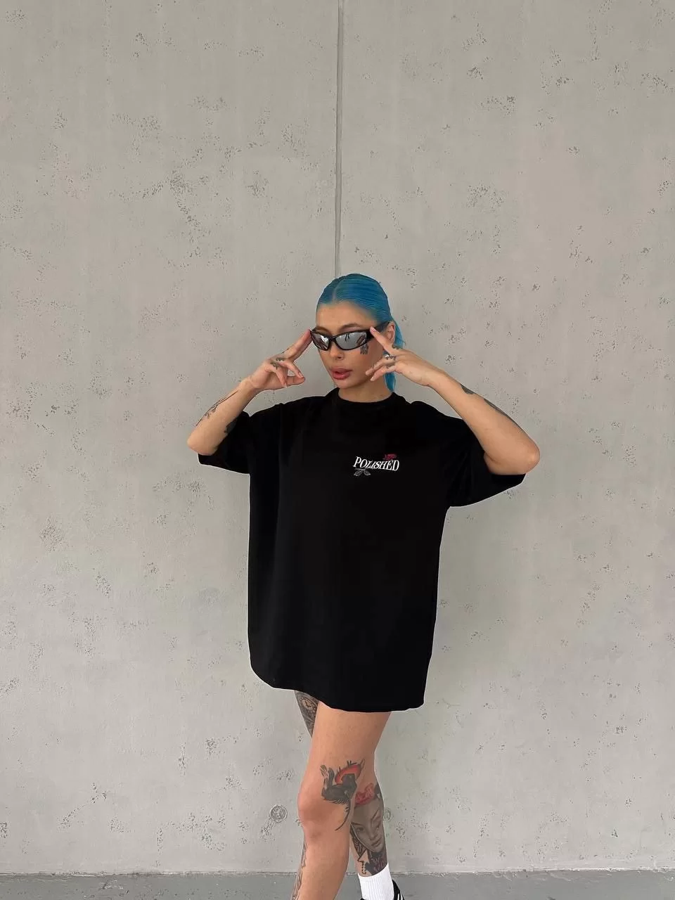 Unisex Bisiklet Yaka Baskılı Oversize T-Shirt - Siyah