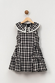 5-8 Yaş Kız Çocuk Ekose Tüvit Elbise (Dantel Yaka, İnci Düğme)