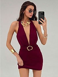 Kadın Bordo Aksesuar Detaylı Boyundan Bağlamalı Şık Tasarım Fantezi Elbise 5140