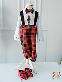 Erkek Çocuk Kırmızı Ekose Salopet Takım - Kurşun Asker Nakışlı