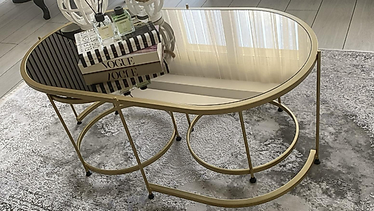 MAT GOLD ELİPS 2+1 ORTA SEHPA ÜST BRONZ AYNA ALT ŞEFAF CAM