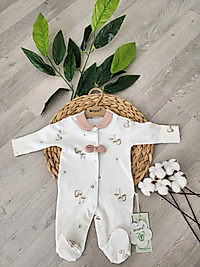 ☘️Organik Kız Bebek Mantar Desenli Patikli   Tulum