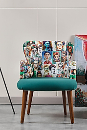 Berjer Koltuk-cafe-ofis-balkon-teras-bahçe-yeşil fridakahlo desenli kumaş-kahverengi ayak