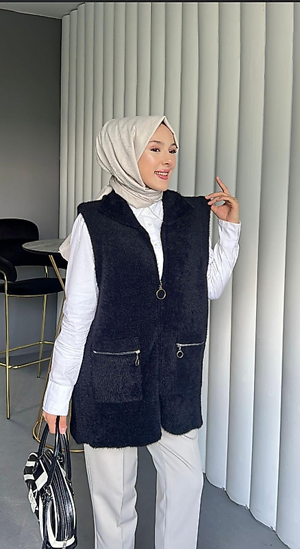 Angora Cepli Yelek Siyah Renk