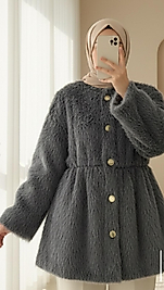 İçi Astarlı Beli Büzgülü Kürklü Ceket Füme Renk