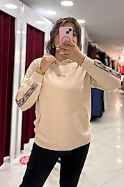 Bej Kapüşonlu Şerit Detaylı Sweatshirt