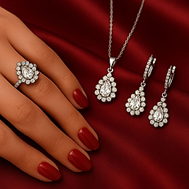 925 Ayar Gümüş Damla Taşlı Zarif Takı Seti (Kolye + Küpe + Yüzük)