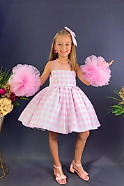 Barbie Kareli Ponponlu Kız Çocuk Barbie Elbisesi ABY915